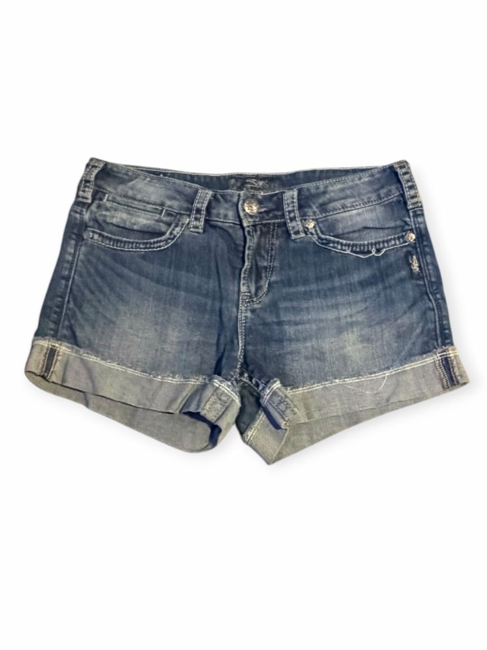 SILVER JEANS CO. Toni 3.5” Denim Shorts Dark Wash Cuffed Mid Rise Size 28